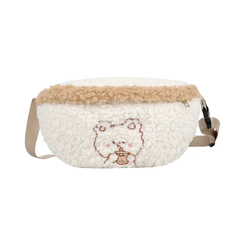 Autumn Winter Lamb Fur Chest Bag Ins Girl Plush Messenger Waist Bag