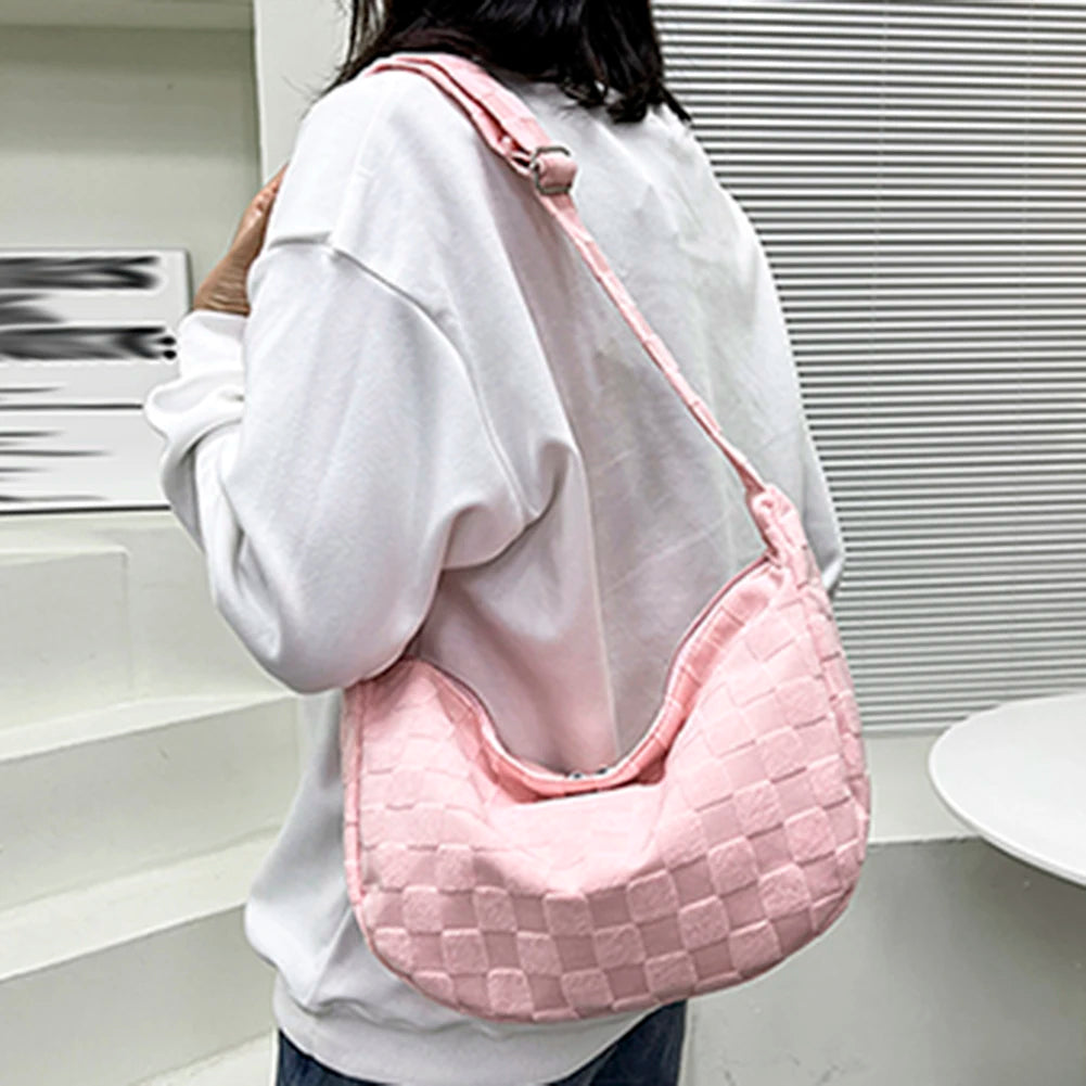 Plaid Woolen Shoulder Bag Large Capacity Soft Solid