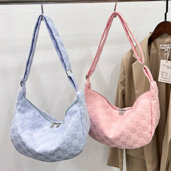 Plaid Woolen Shoulder Bag Large Capacity Soft Solid