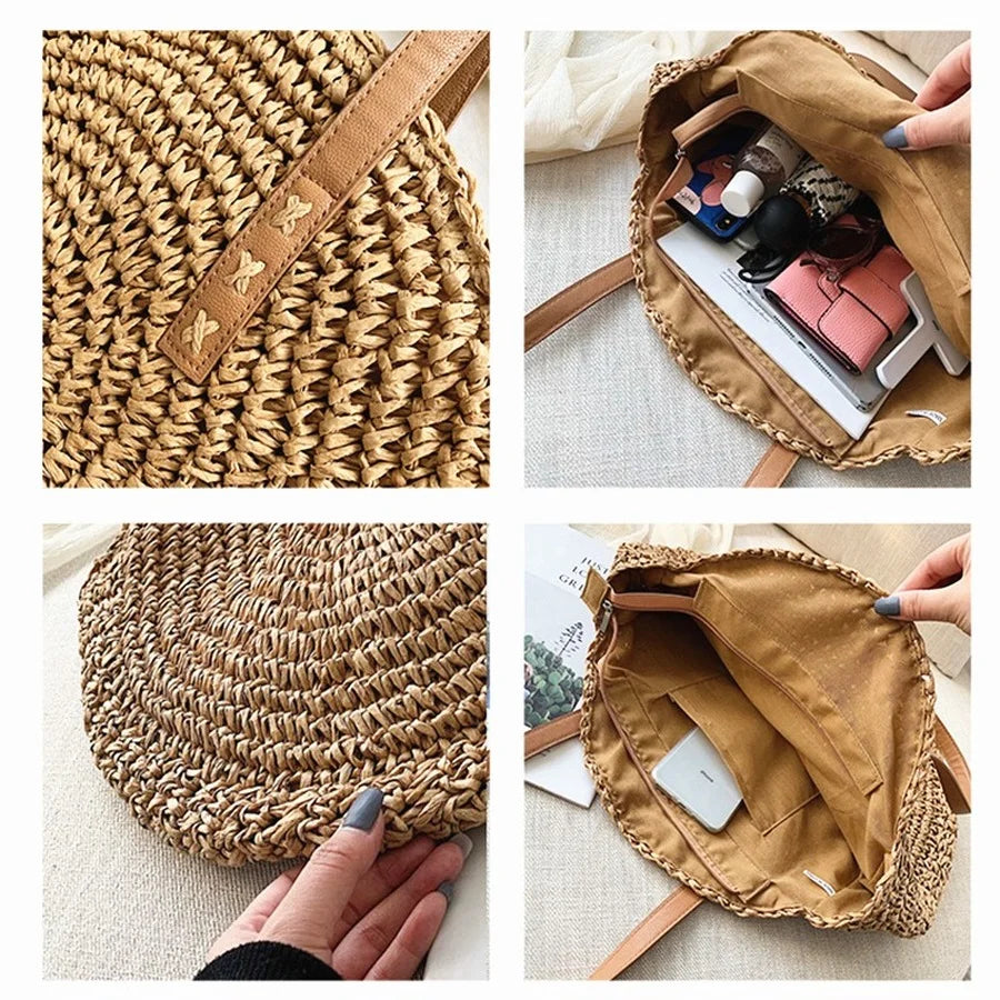 Round Straw Beach Shoulder Bag Vintage Tote Bag
