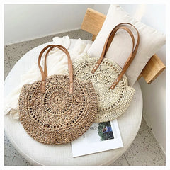 Round Straw Beach Shoulder Bag Vintage Tote Bag