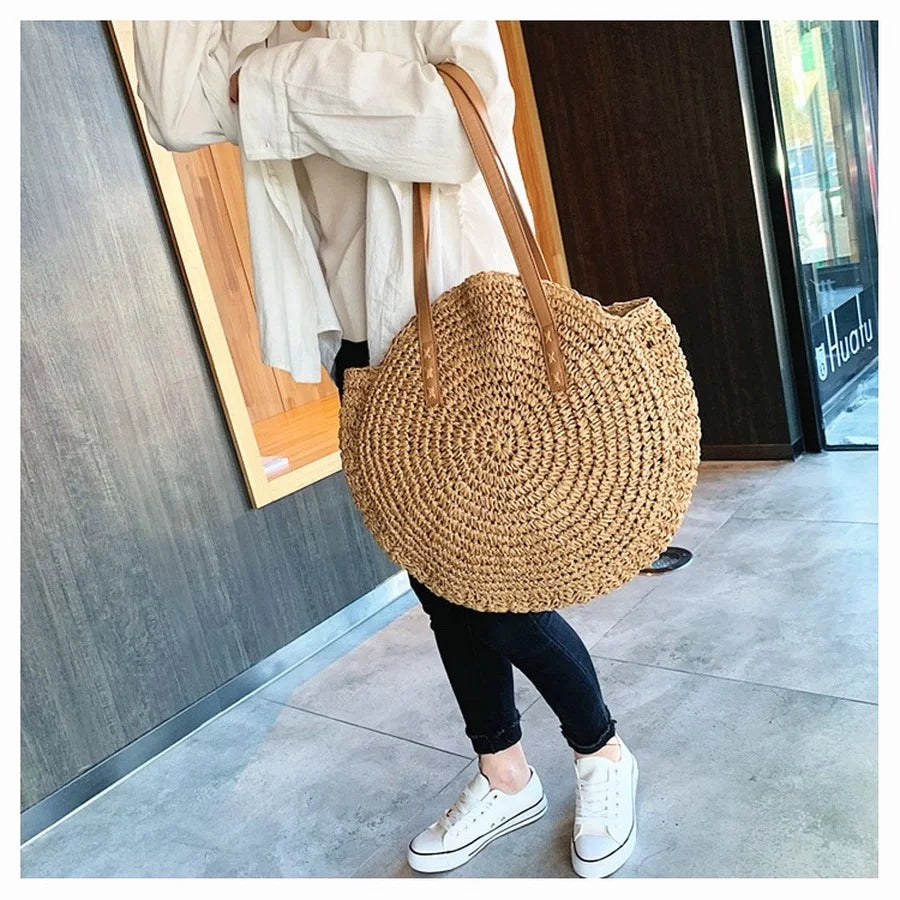 Round Straw Beach Shoulder Bag Vintage Tote Bag