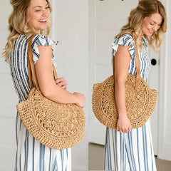 Round Straw Beach Shoulder Bag Vintage Tote Bag