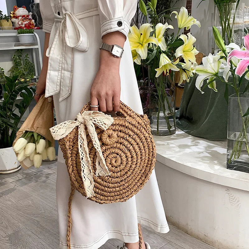 Straw Round Crossbody Bag for Women Woven Bow Decors Summer Beach Purse