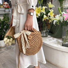 Straw Round Crossbody Bag for Women Woven Bow Decors Summer Beach Purse