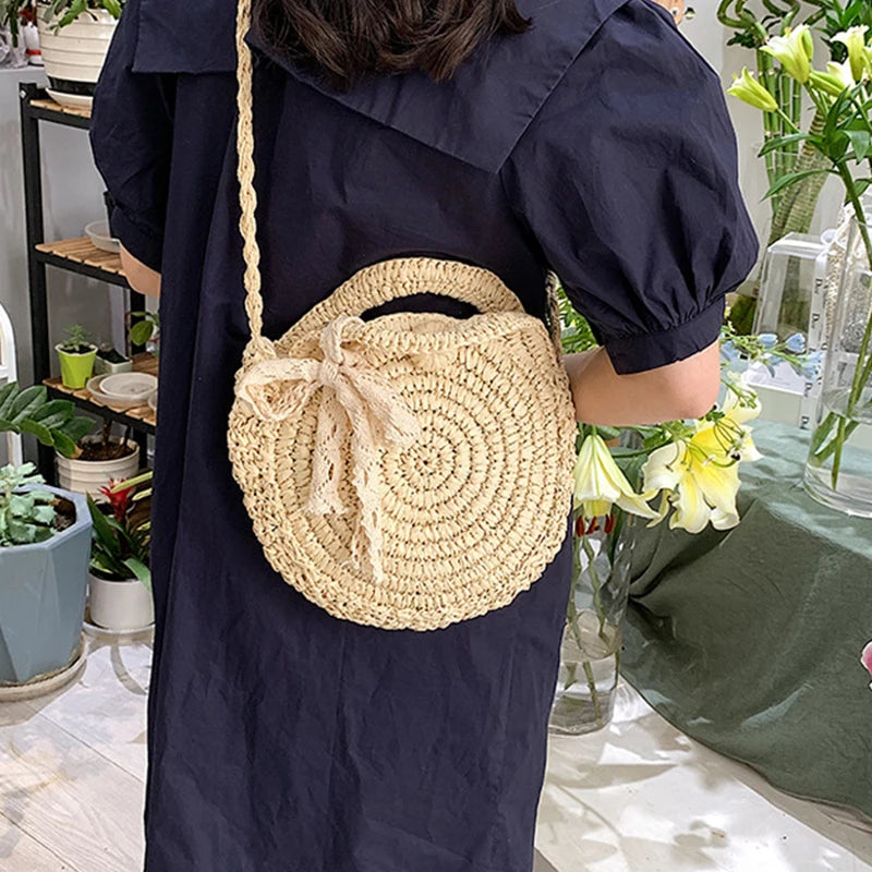 Straw Round Crossbody Bag for Women Woven Bow Decors Summer Beach Purse
