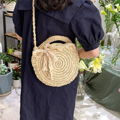 Straw Round Crossbody Bag for Women Woven Bow Decors Summer Beach Purse