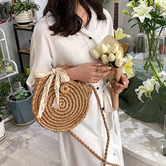 Straw Round Crossbody Bag for Women Woven Bow Decors Summer Beach Purse