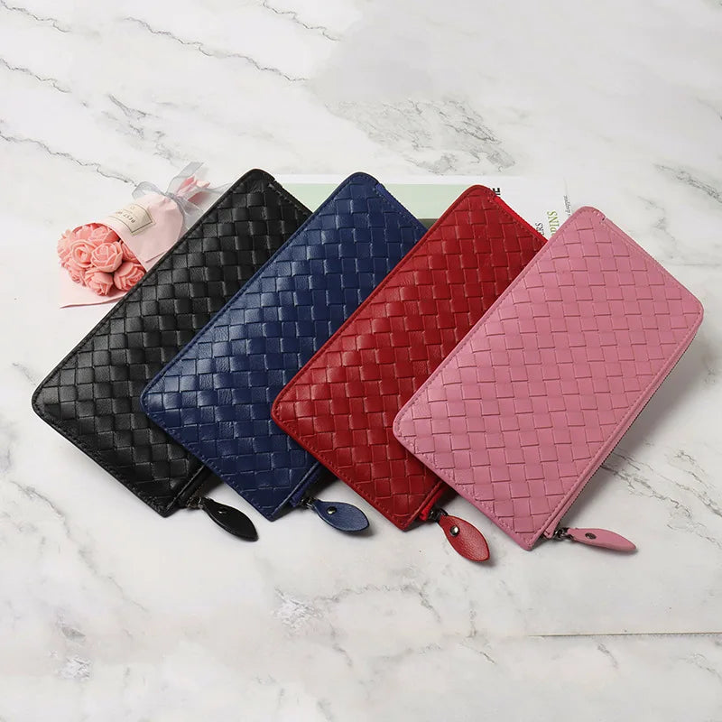 Woven Hand Wallet Women's Long Ultra-Thin Wallet Clutch 100% Sheepskin