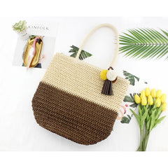 Large-capacity Straw Beach Bag with Hanging Ball, Shoulder Handbag