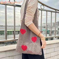 Large Capacity Woven Shoulder Bag Eco-Friendly Reusable Foldable for Women Girls