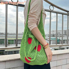 Large Capacity Woven Shoulder Bag Eco-Friendly Reusable Foldable for Women Girls