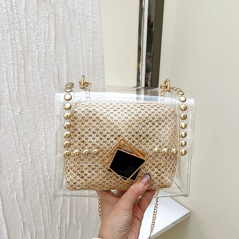 Woven Straw Shoulder Bag Rivet Small Purse Clear PVC Women Travel Messenger Bags