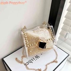 Straw Shoulder Bag Rivet Small Purse Clear PVC Women Travel Messenger