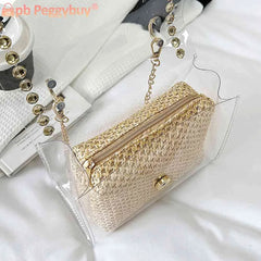 Straw Shoulder Bag Rivet Small Purse Clear PVC Women Travel Messenger