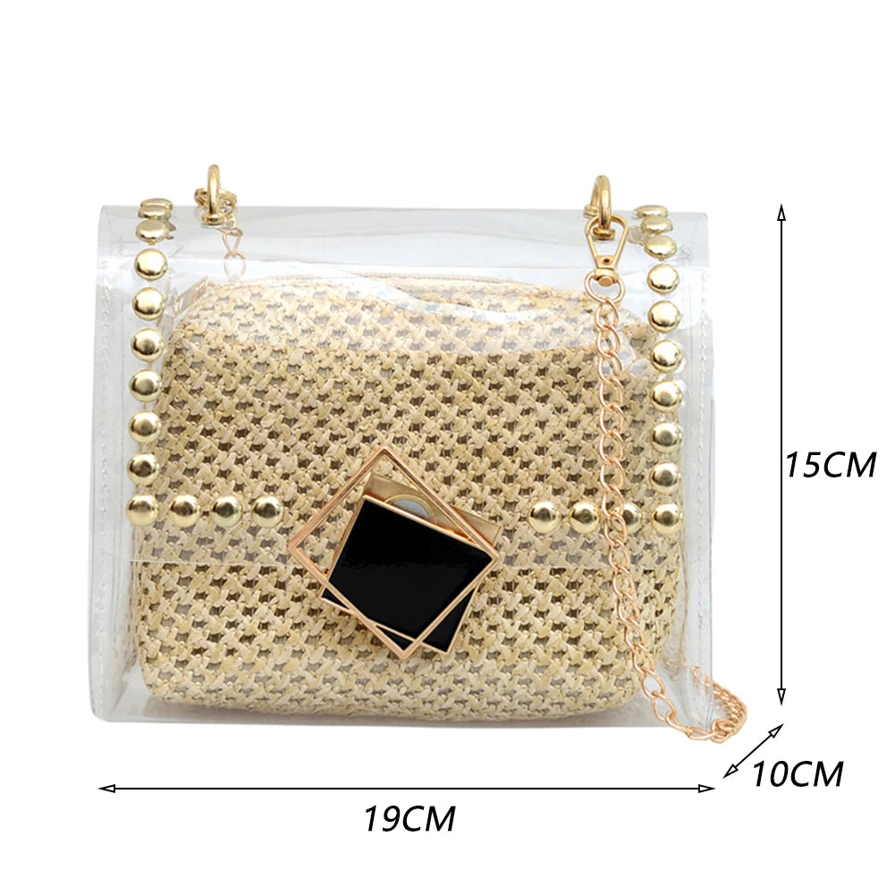 Woven Straw Shoulder Bag Rivet Small Purse Clear PVC Women Travel Messenger Bags