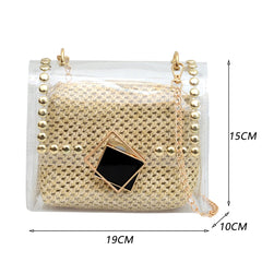 Woven Straw Shoulder Bag Rivet Small Purse Clear PVC Women Travel Messenger Bags