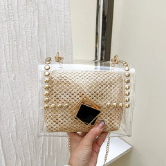 Woven Straw Shoulder Bag Rivet Small Purse Clear PVC Women Travel Messenger Bags