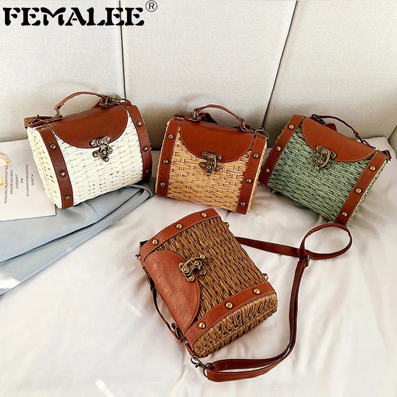 Straw Tote Bag Rattan Handle Boston Purse Crossbody Beach Handbag