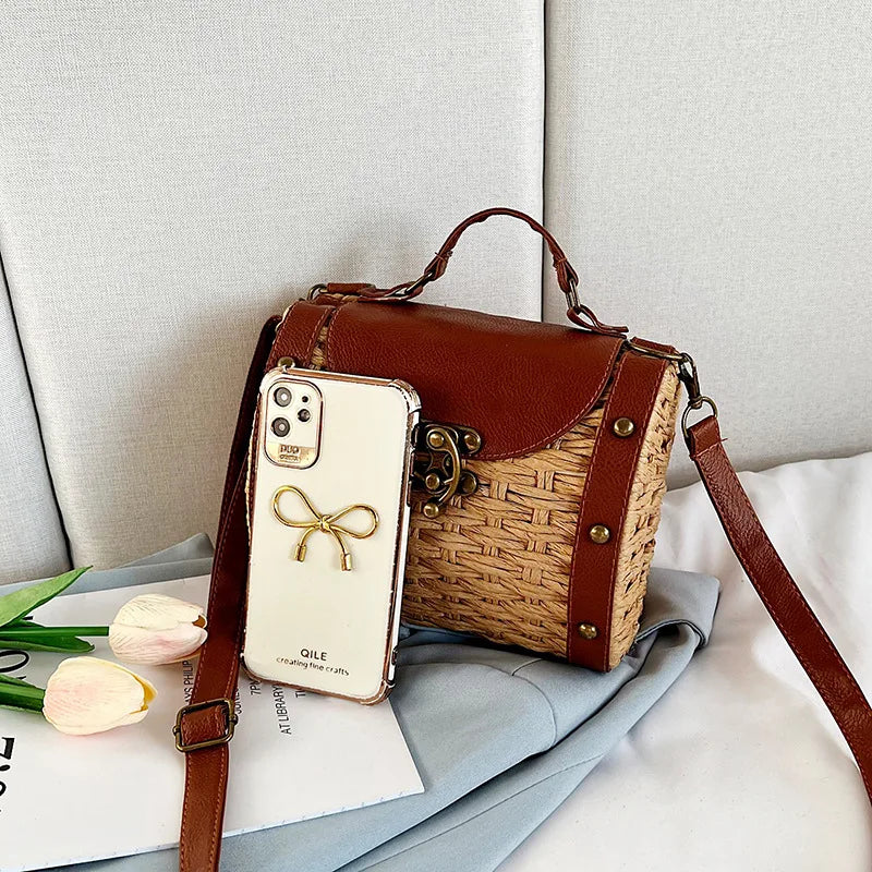 Straw Tote Bag Rattan Handle Boston Purse Crossbody Beach Handbag