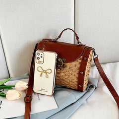 Straw Tote Bag Rattan Handle Boston Purse Crossbody Beach Handbag