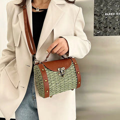 Straw Tote Bag Rattan Handle Boston Purse Crossbody Beach Handbag