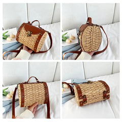 Straw Tote Bag Rattan Handle Boston Purse Crossbody Beach Handbag