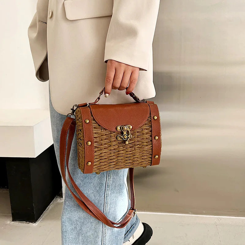 Straw Tote Bag Rattan Handle Boston Purse Crossbody Beach Handbag