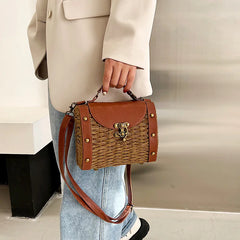 Straw Tote Bag Rattan Handle Boston Purse Crossbody Beach Handbag