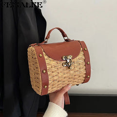 Straw Tote Bag Rattan Handle Boston Purse Crossbody Beach Handbag