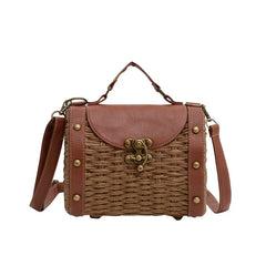Straw Tote Bag Rattan Handle Boston Purse Crossbody Beach Handbag