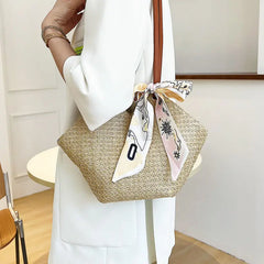 Summer Straw Rattan Beach Tote Bag Ribbon Shoulder Crossbody Satchel