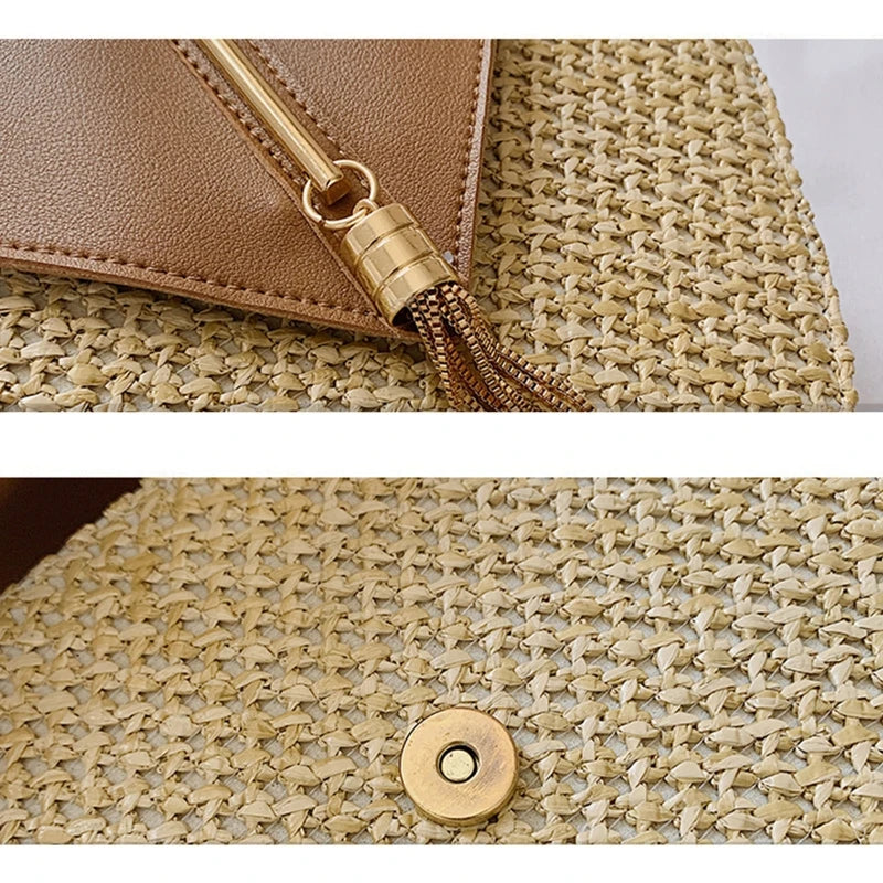 Woven Tote Beach Bag Straw Handbag with Tassel Decoration