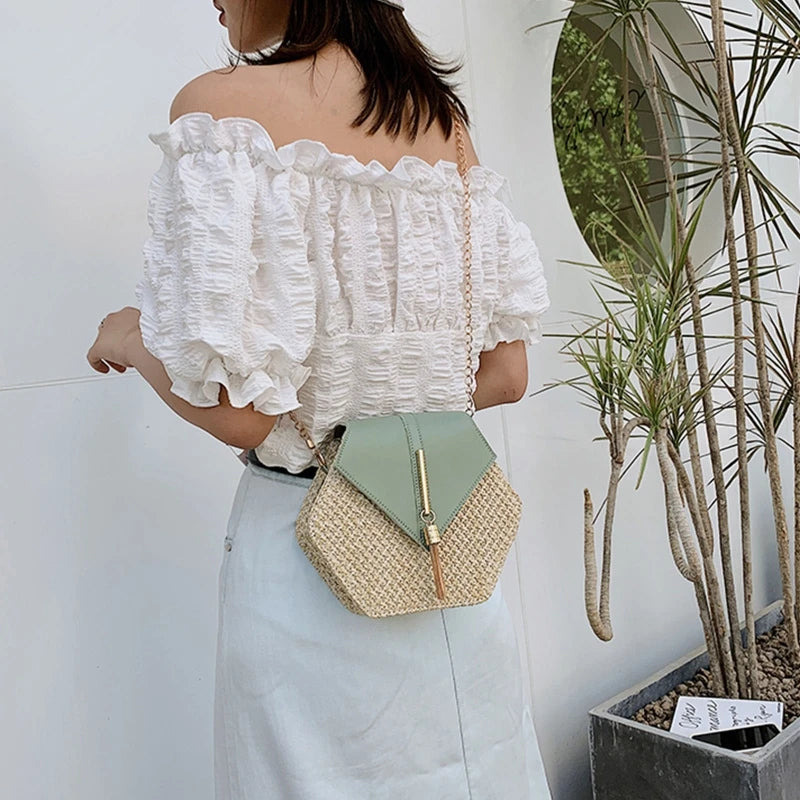 Woven Tote Beach Bag Straw Handbag with Tassel Decoration