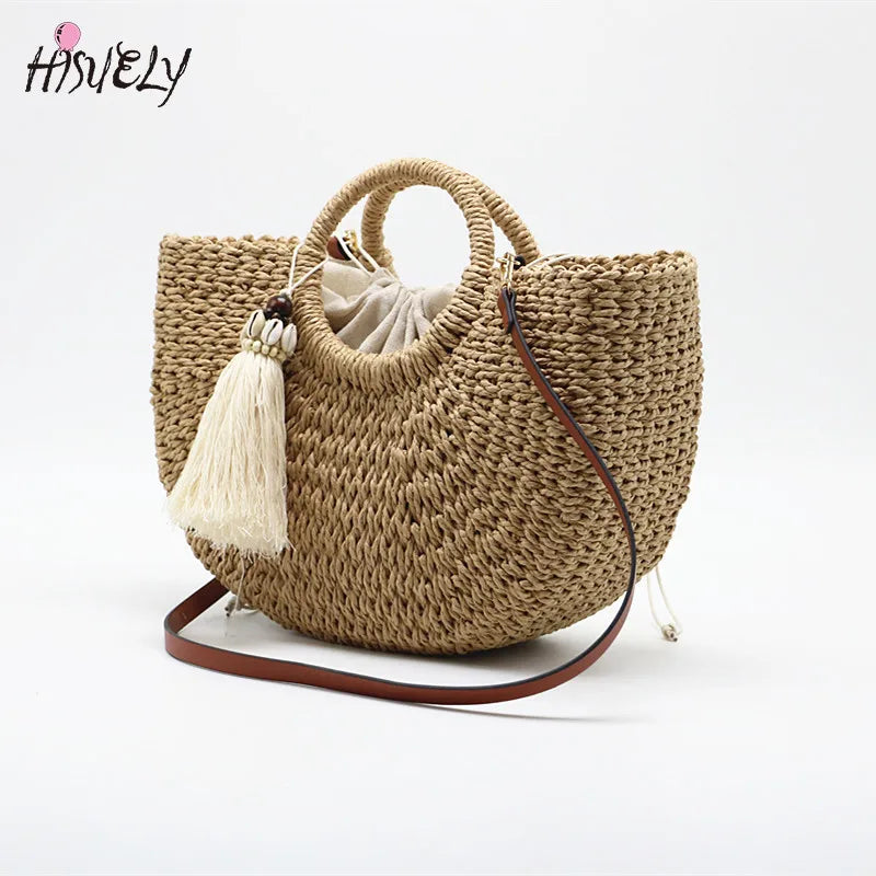 Bohemian Woven Straw Shoulder Bag Tassel Beach Crossbody Bag