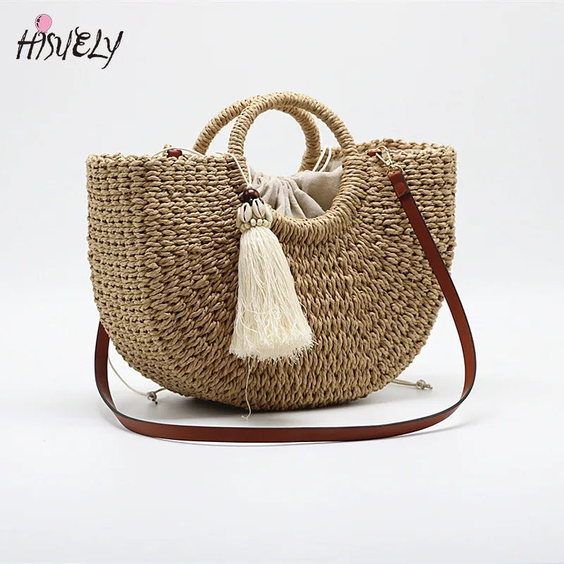 Bohemian Woven Straw Shoulder Bag Tassel Beach Crossbody Bag