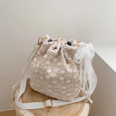 Rattan Shoulder Bag Lace Beach Straw Bucket Bag Retro Woven Bag