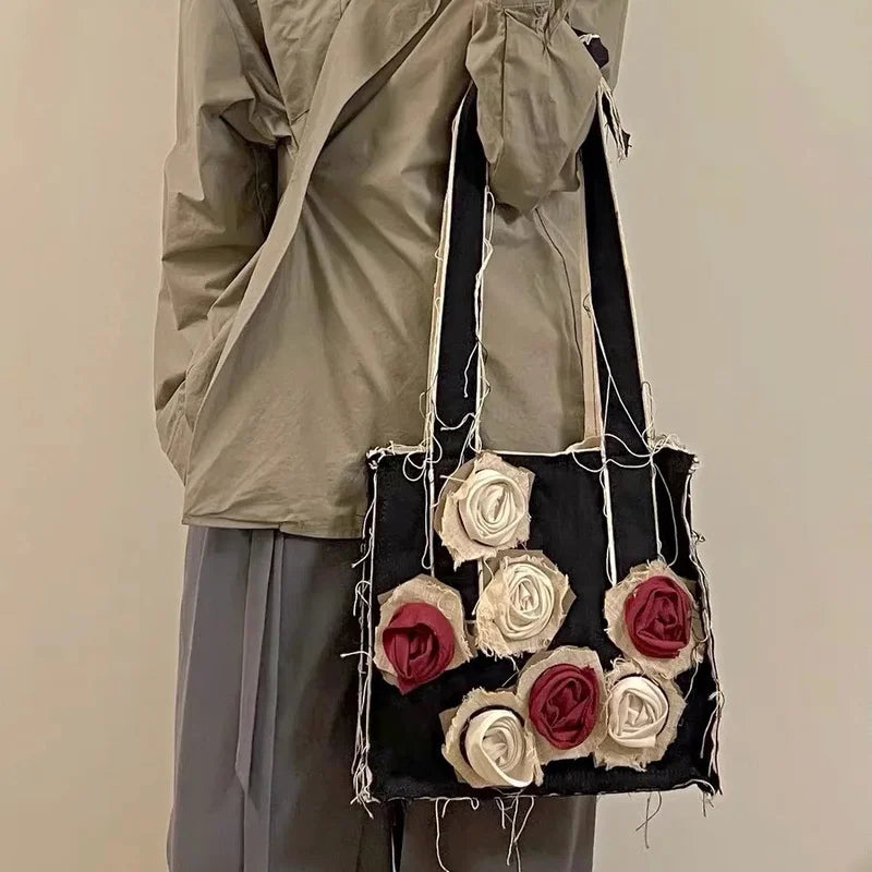 Xiuya Gothic Canvas Bags Japanese Rose Floral Goth Lolita Shoulder Tote Shopper