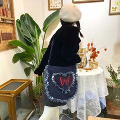 Xiuya Harajuku Denim Shoulder Bag Frayed Embroidered Cross