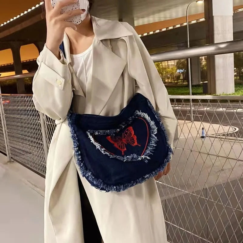 Xiuya Harajuku Denim Shoulder Bag Frayed Embroidered Cross