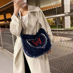 Xiuya Harajuku Denim Shoulder Bag Frayed Embroidered Cross