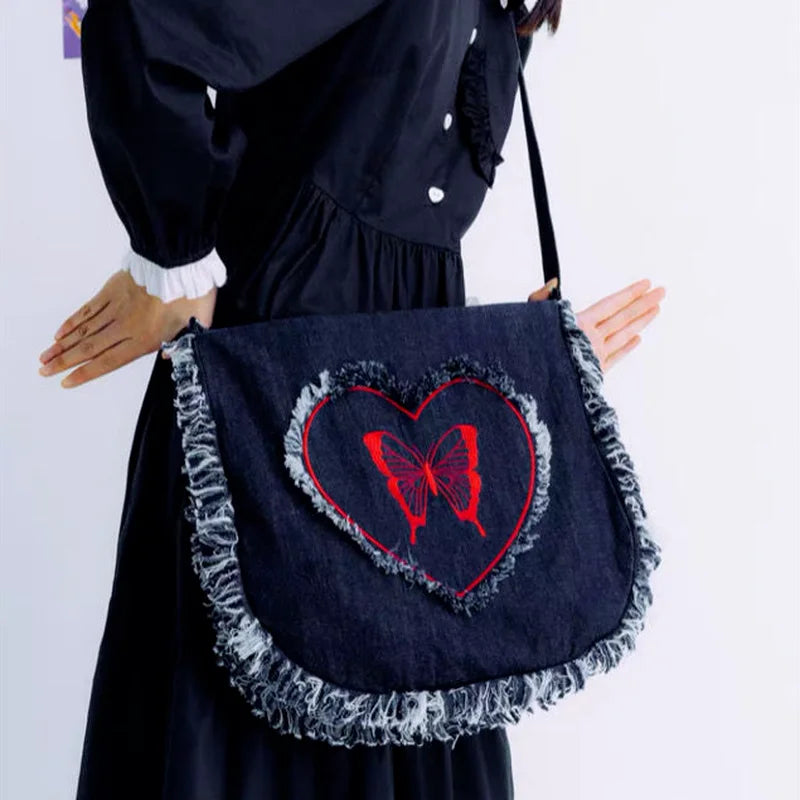 Xiuya Harajuku Denim Shoulder Bag Frayed Embroidered Cross