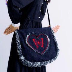 Xiuya Harajuku Denim Shoulder Bag Frayed Embroidered Cross