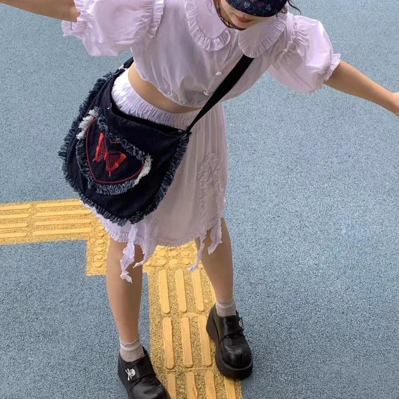Xiuya Harajuku Denim Shoulder Bag Frayed Embroidered Cross