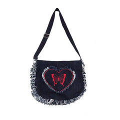 Xiuya Harajuku Denim Shoulder Bag Frayed Embroidered Cross