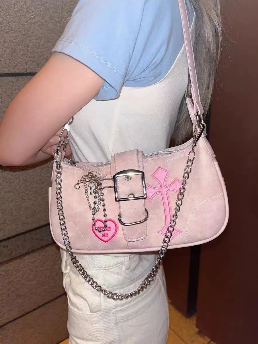 Y2K Sweet Women's Underarm Bag Pink Shoulder Chain Purse Armpit Handbag