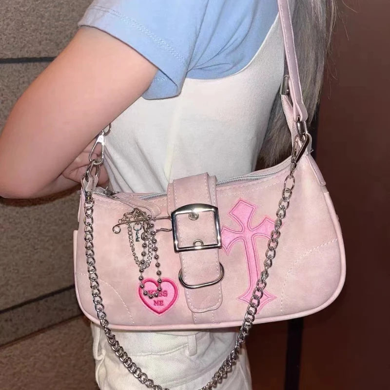 Y2K Sweet Women's Underarm Bag Pink Shoulder Chain Purse Armpit Handbag
