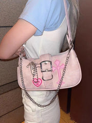 Y2K Sweet Women's Underarm Bag Pink Shoulder Chain Purse Armpit Handbag