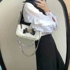 Y2K Sweet Heart Shoulder Bag Retro Bowknot Chain Clutch Purse Handbags