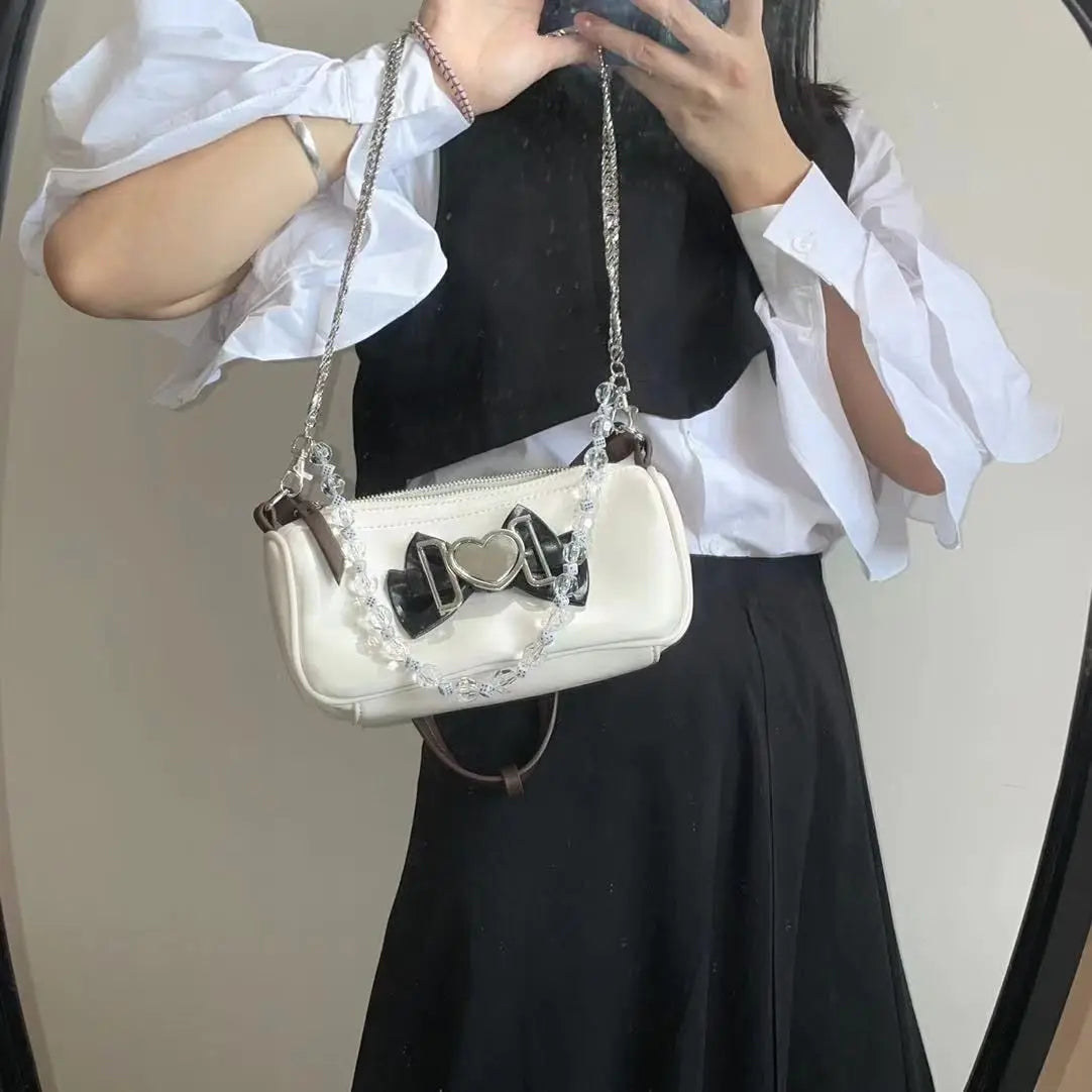 Y2K Sweet Heart Shoulder Bag Retro Bowknot Chain Clutch Purse Handbags